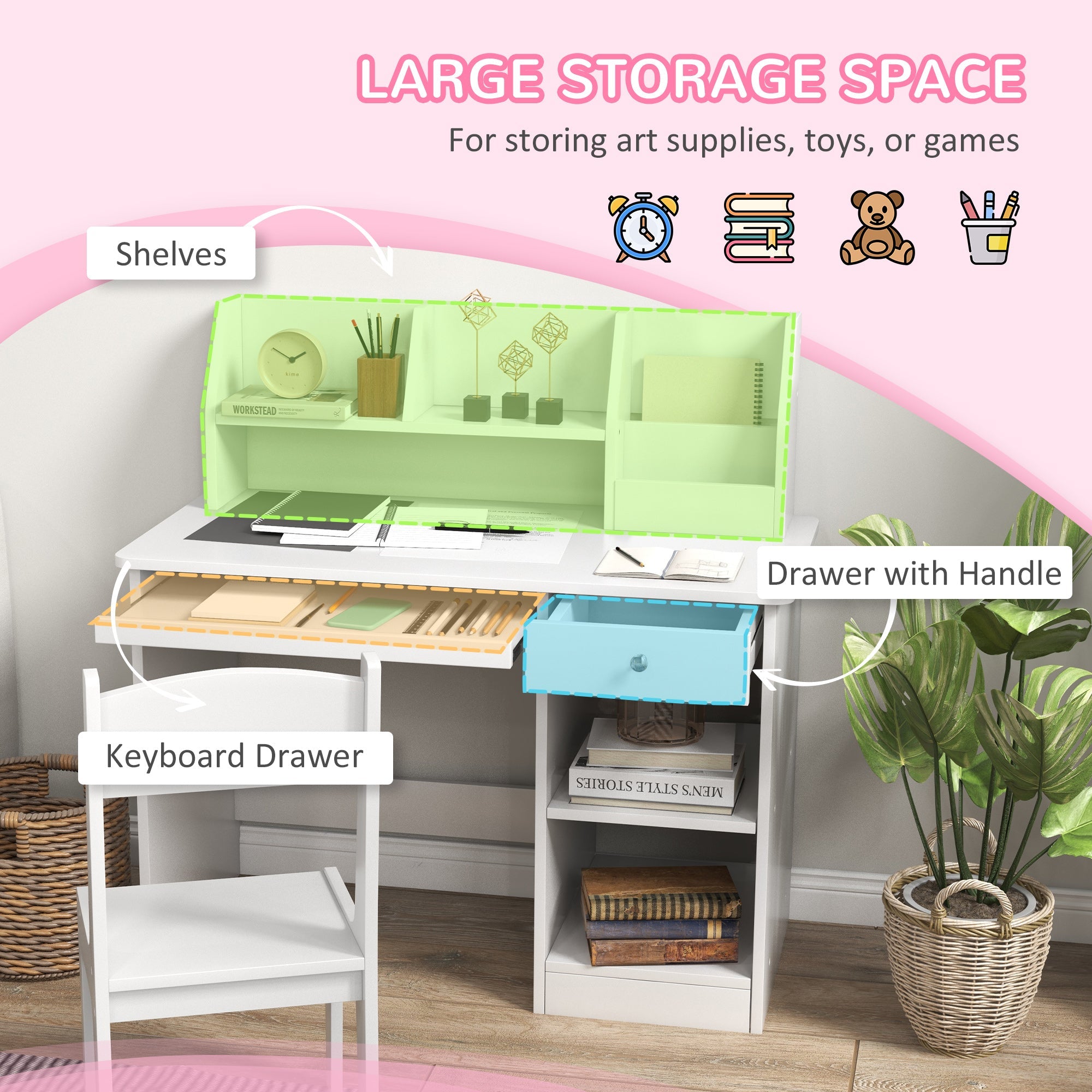 Qaba Kids Desk and Chair Set for 5-8 Year Old with Storage Study Table and Chair for Children White