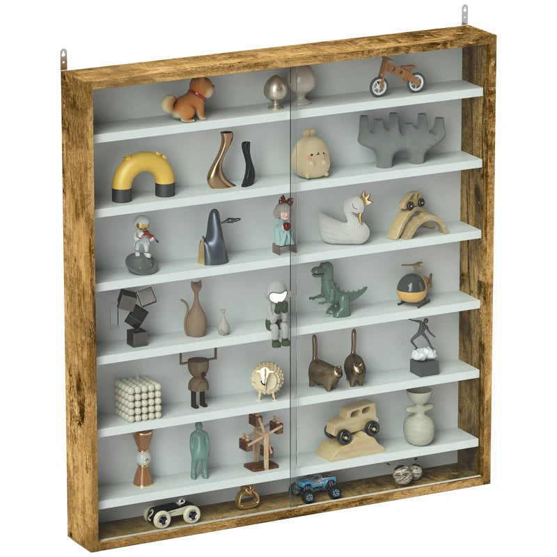 7-Tier Display Cabinet, Shot Glass Display Case, Glass Curio Cabinet with 2 Glass Doors and 6 Adjustable Shelves, Rustic Brown