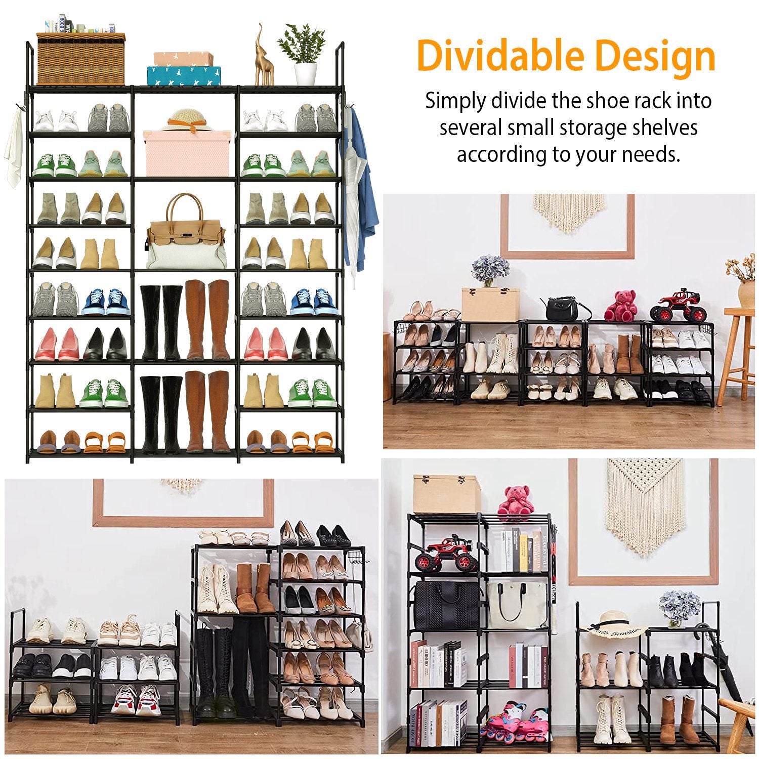 9 Tiers Shoe Rack Metal Shoe Storage Shelf Free Standing Large Shoe Stand 50-55 Pairs Shoe Tower Unit Tall Shoe Organizer with 2 Hooks for Entryway Cl