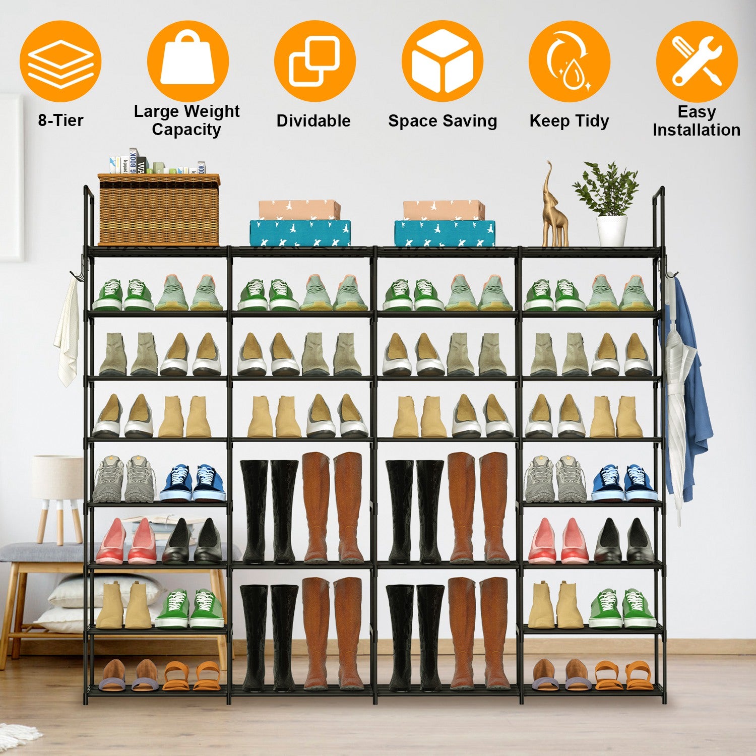 8-Tier 4-Row Shoe Rack Metal Shoe Storage Shelf Free Standing Large Shoe Stand 56 Pairs Shoe Tower Unit Tall Shoe Organizer with 2 Hooks for Entryway