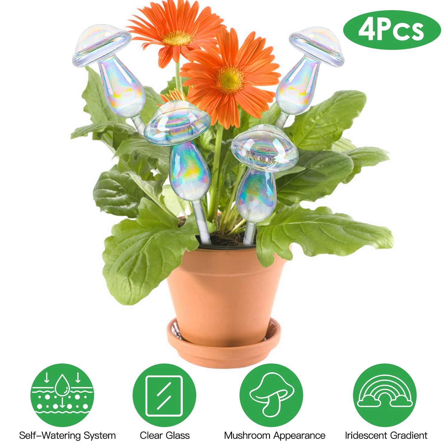 4Pcs Clear Glass Plant Watering Globes Iridescent Rainbow Gradient Mushroom Self-Watering Container Plant Self-Watering System Automatic Irrigation De