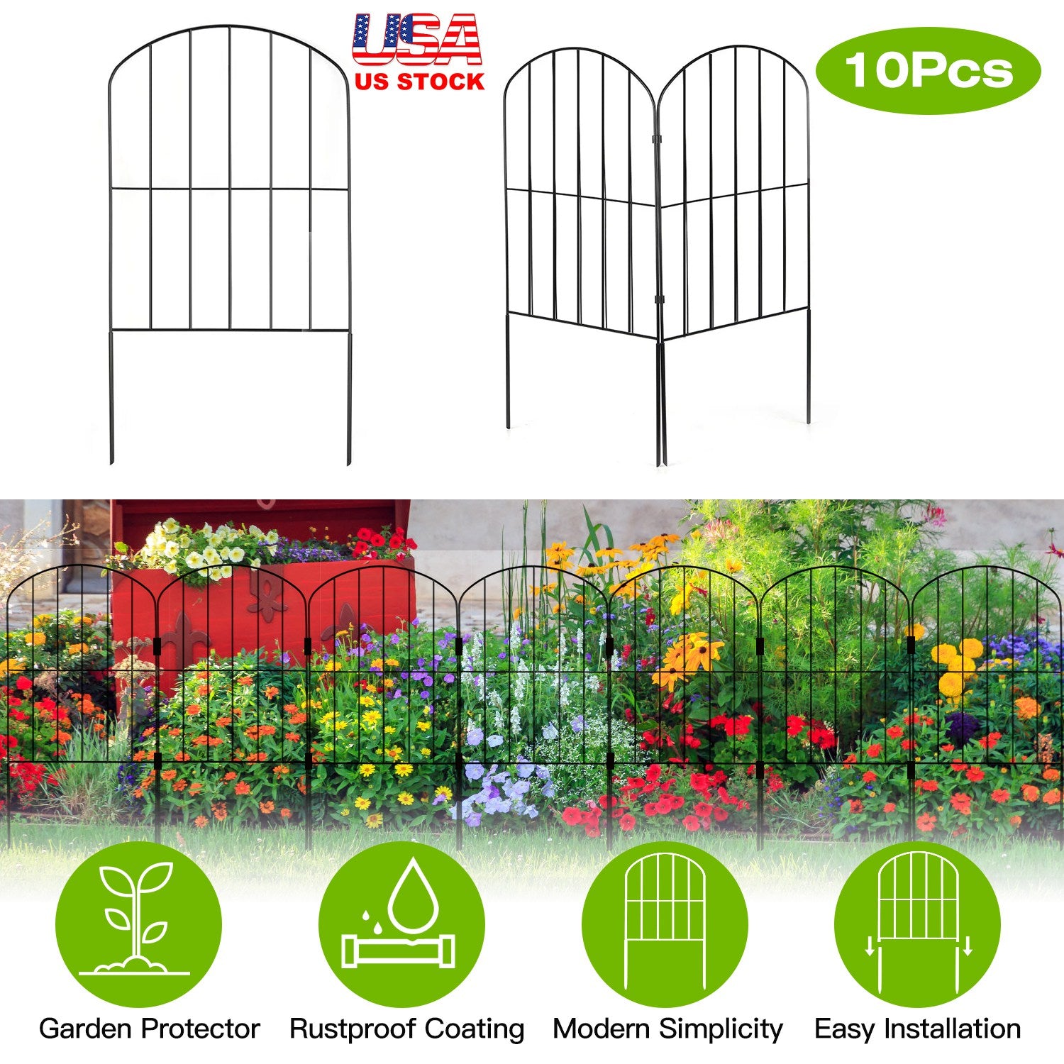 10Pcs Decorative Garden Fence Rustproof Iron Wire Arched Fence Animal Barrier Border 12.59” Width 23.93” Length For Yard Landscape Patio Outdoor Decor