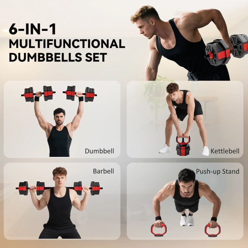 6-in-1 Adjustable Dumbbell Set, 44 lb Free Weights with Kettlebell, Barbell & Push-Up Stand – Red