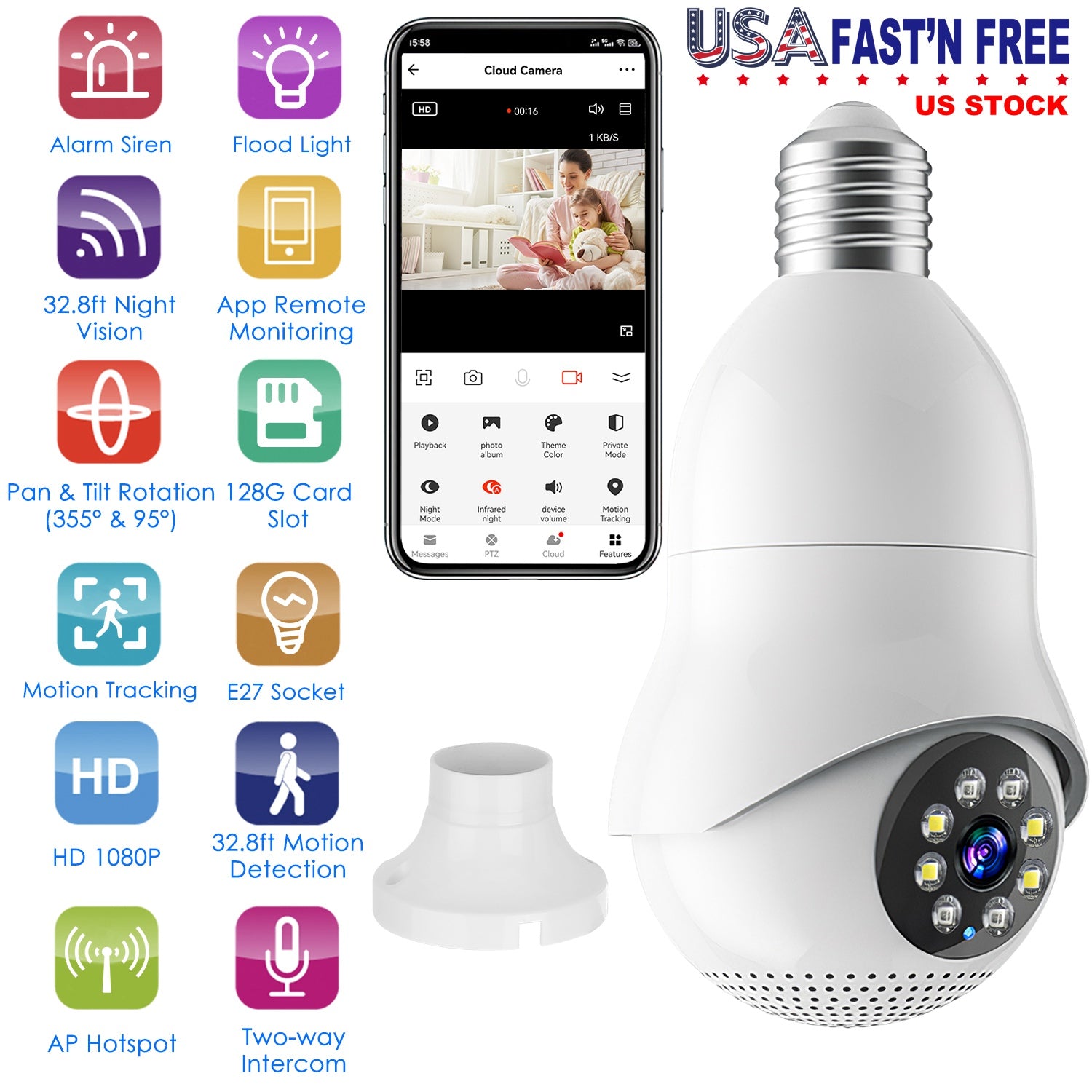 E27 WiFi Bulb Camera 1080P FHD WiFi IP Pan Tilt Security Surveillance Camera with Two-Way Audio Night Vision Flood Light Motion Tracking Siren Functio