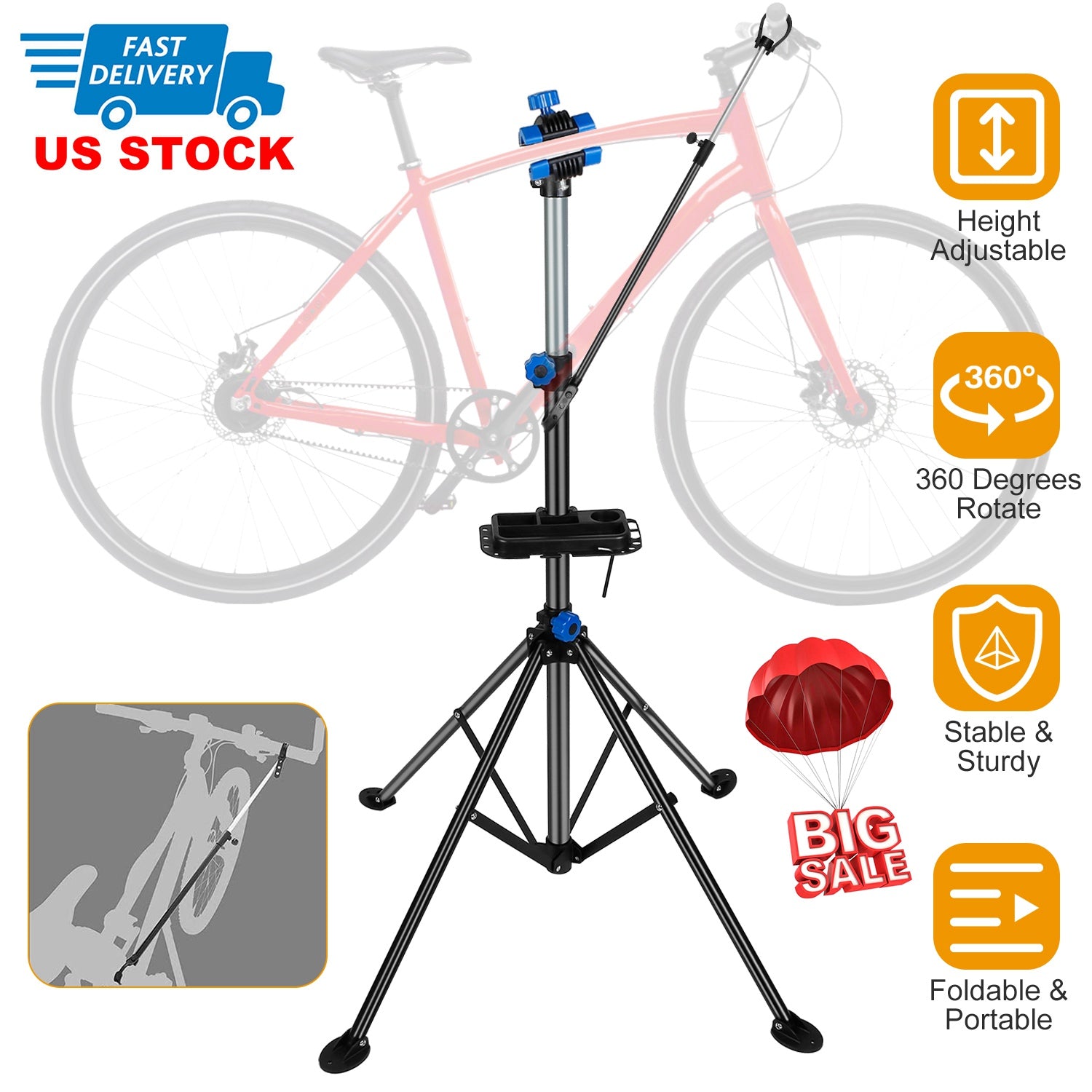 Bicycle Repair Stand Rack Height Adjustable Foldable Bike Maintenance Mechanic Station Rack 66LBS Max Load W/ Magnetic Tool Tray Telescope Arm Balance