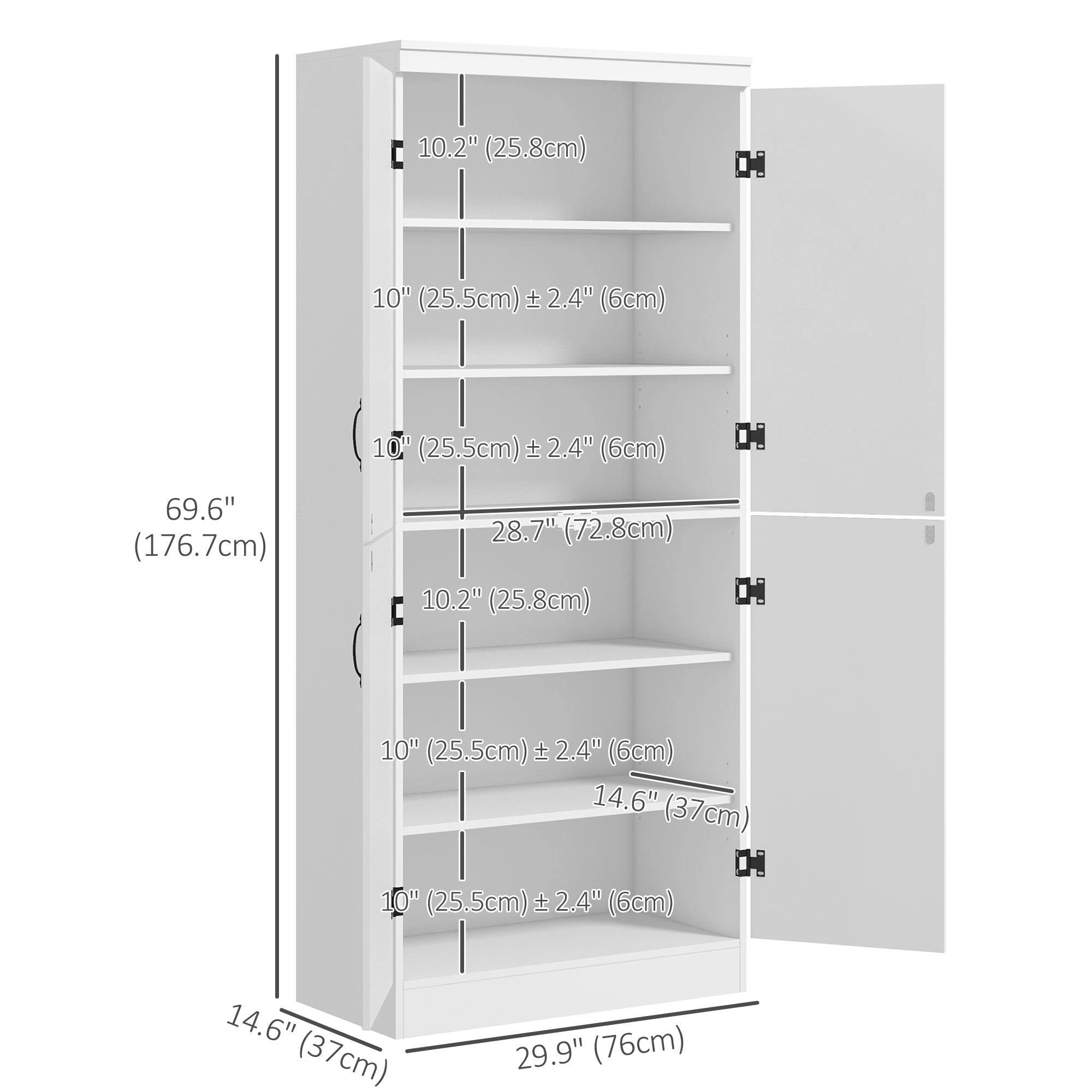 HOMCOM 70" 4-Door Kitchen Pantry Freestanding Storage Cabinet Cupboard Adjustable Shelves White