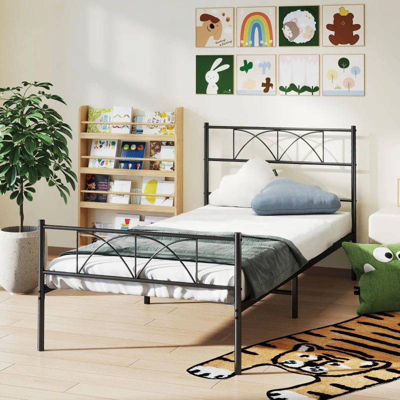 Metal Twin Platform Bed Frame with Headboard, Steel Slat Support, Underbed Storage, No Box Spring Needed, Easy Assembly