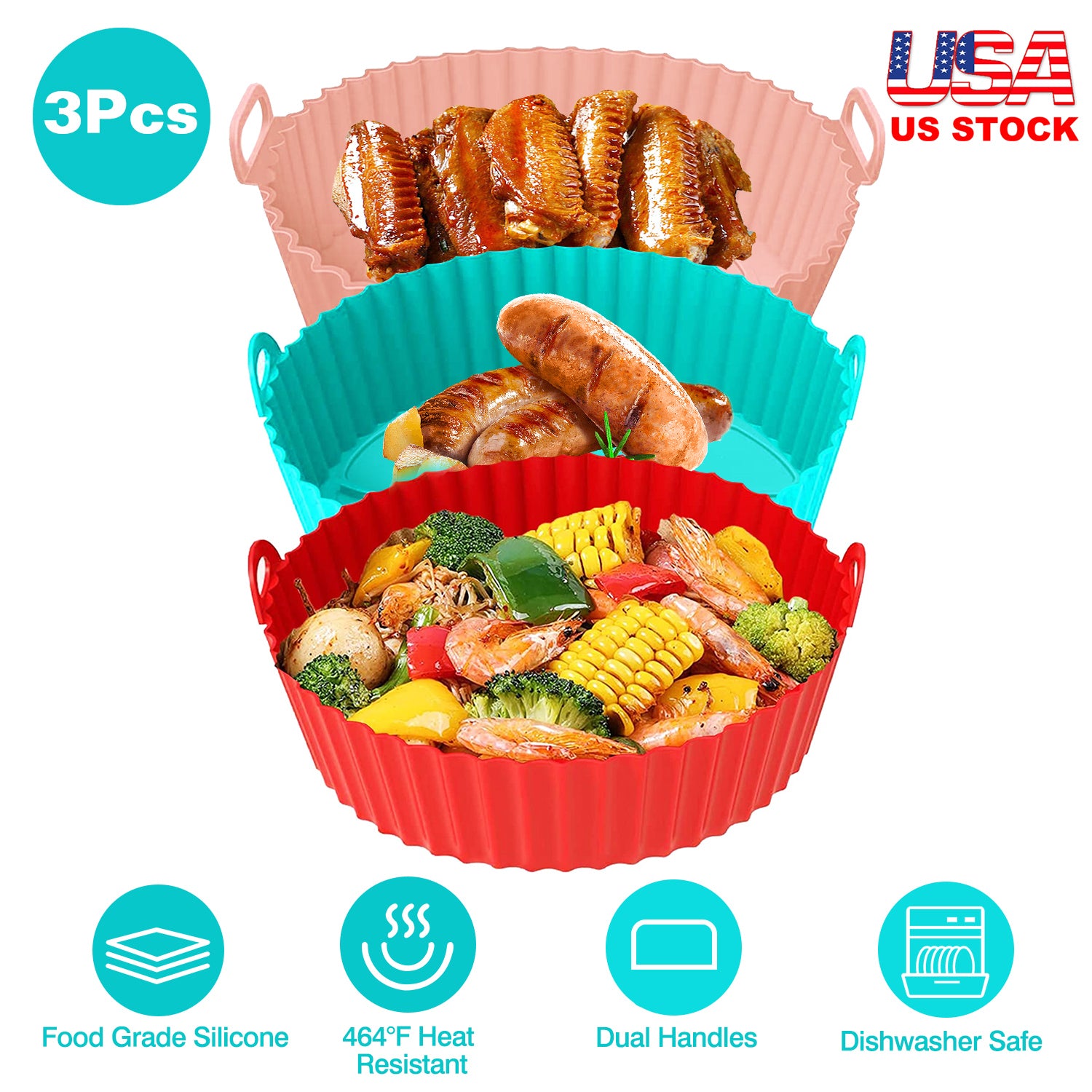 3Pcs Reusable Foldbale Air Fryer Silicone Pot 464°F Heat Resistant Round Replacement of Parchment Liners 3 Food Grade Baking Basket Pans for 4+Quart A