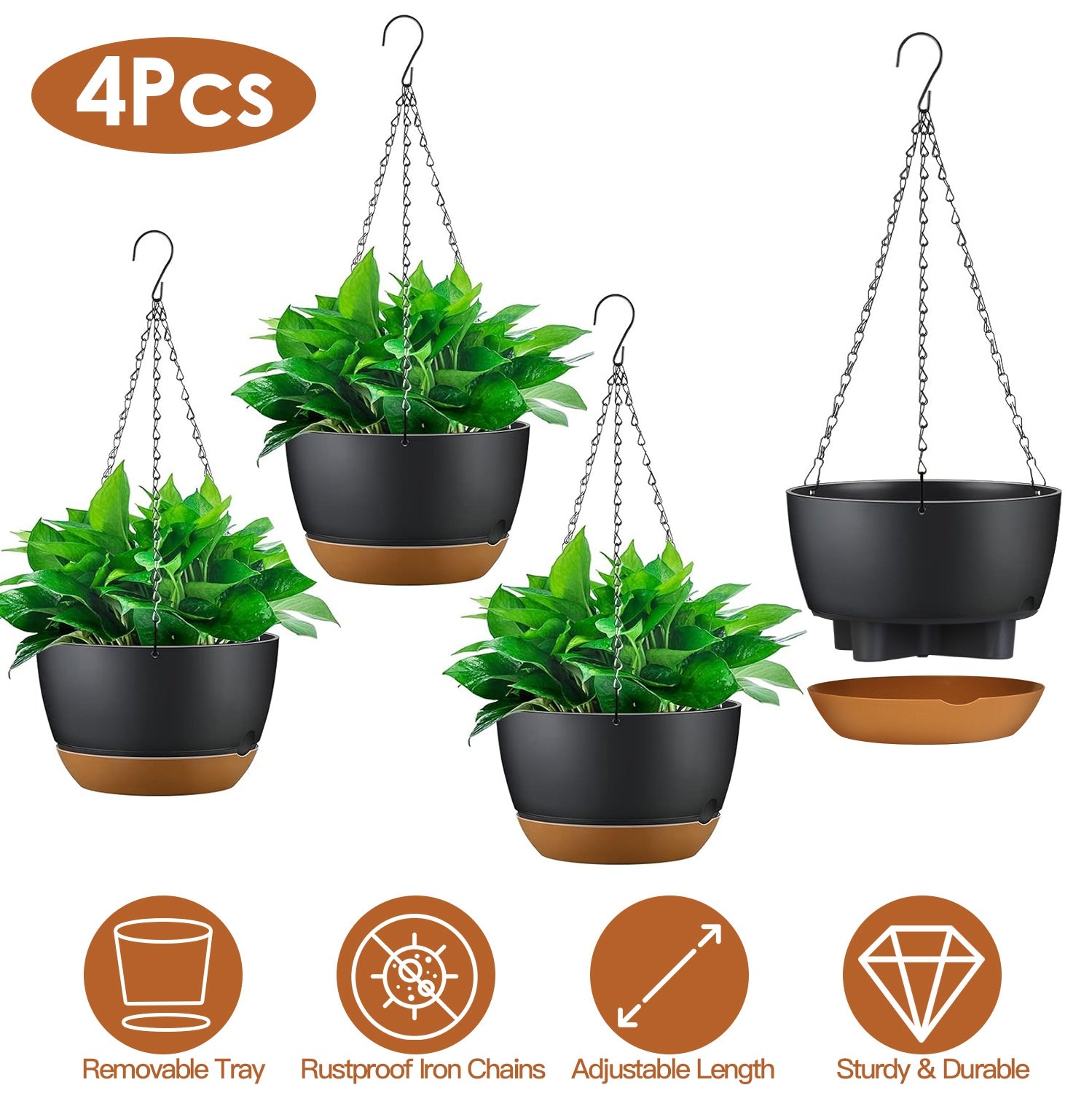 4Pcs 9.64In Diameter Hanging Planter with Drainage Holes Removable Self-Watering Tray Plastic Hanging Flower Plant Pots For Indoor Outdoor Herb Ivy Fe
