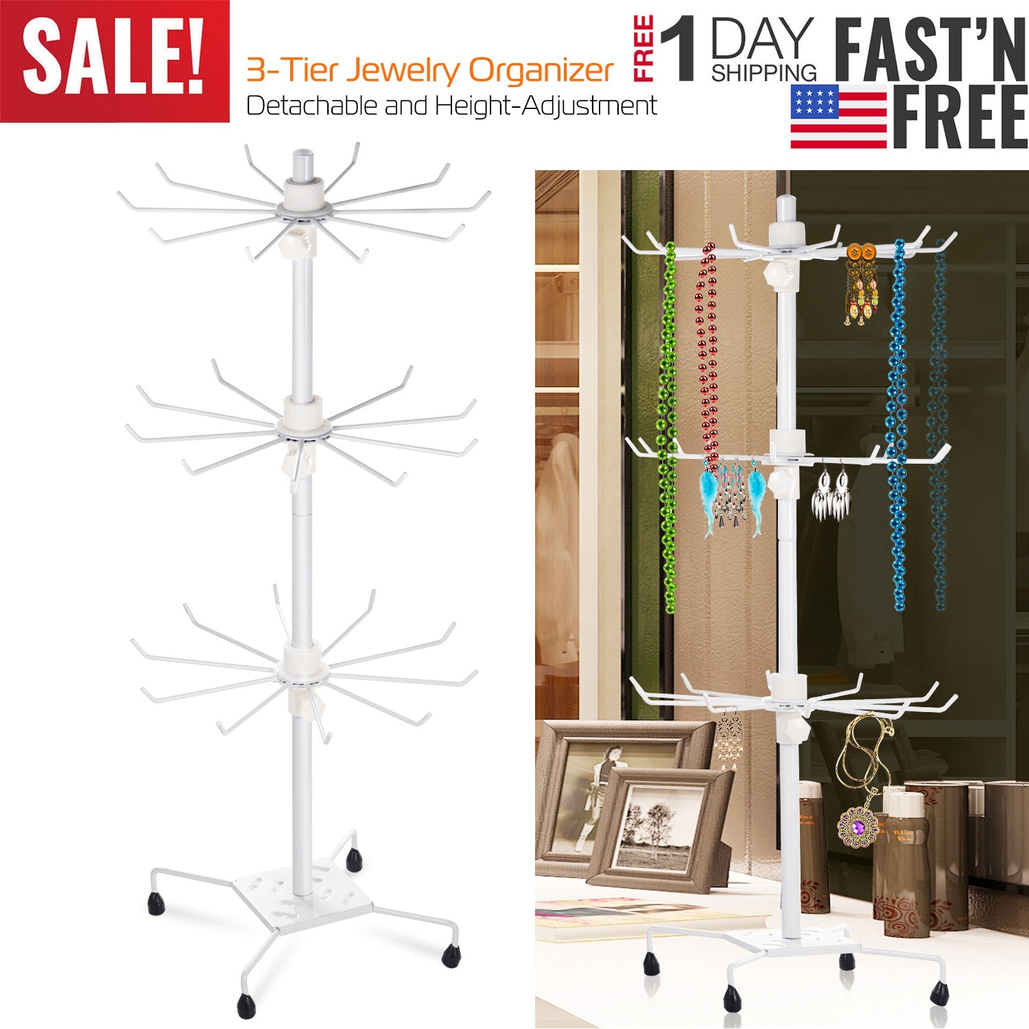 3-Tier Metal Jewelry Rack 30-Hook Necklaces Bracelets Display Stand Organizer Spinning Tower Holder