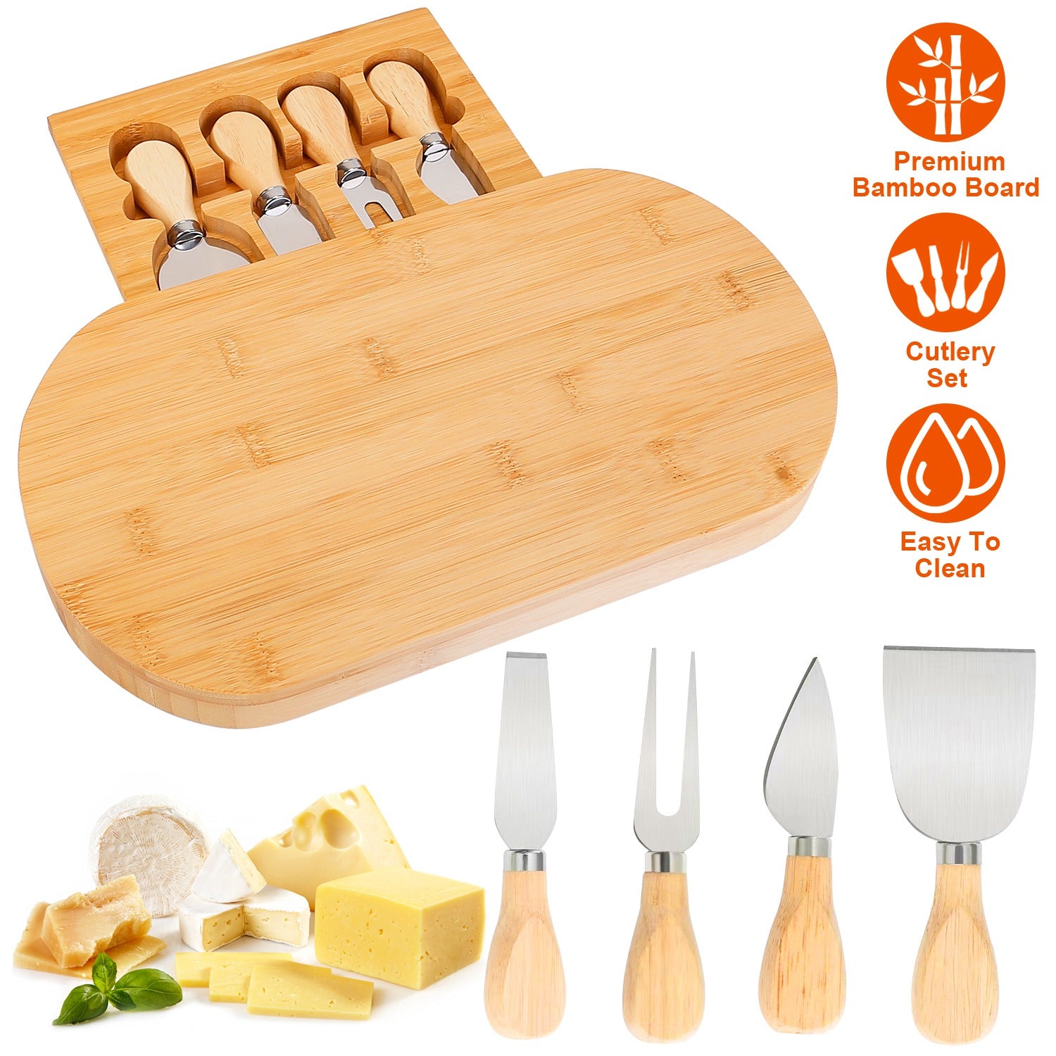 Oval Bamboo Cheese Board Knife Set Wooden Cheese Serving Platter Tray with 4 Stainless Steel Knives Pull-out Storage Drawer for Wedding Birthdays