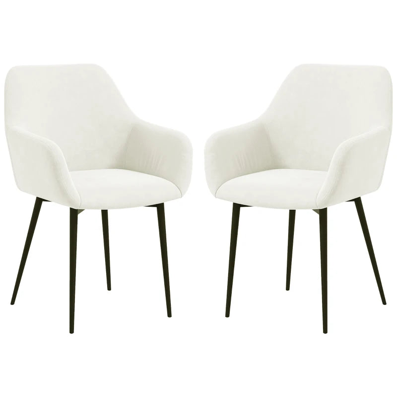 Dining Chairs Set of 2, Velvet-look Fabric Upholstered Kitchen Chairs with Backrest, Armrests and Steel Legs, Cream White