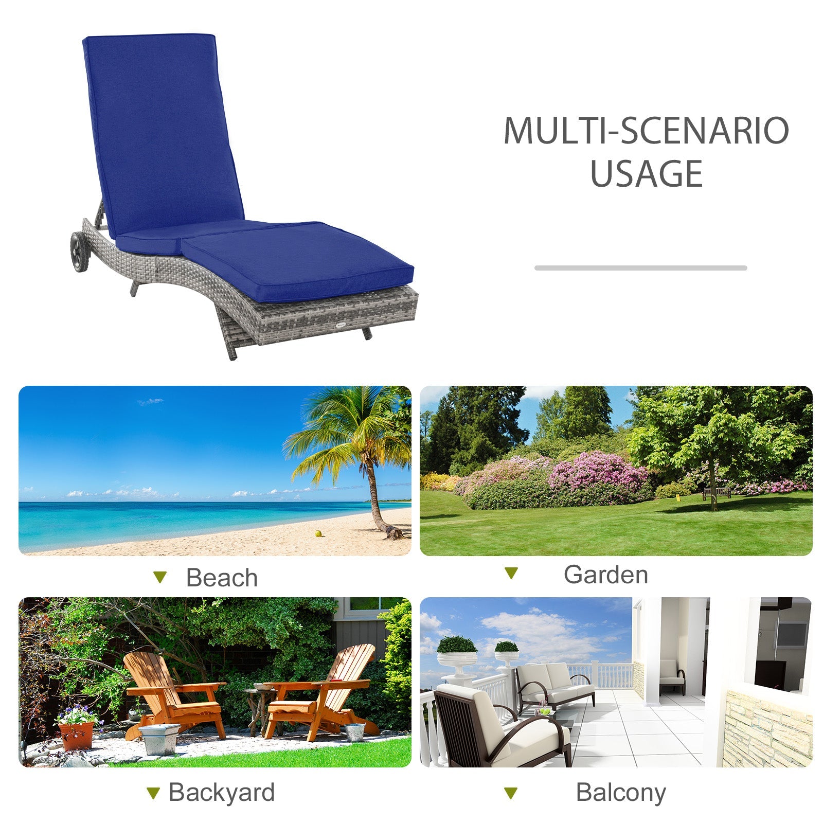 Outsunny Adjustable Wicker Chaise Lounge Chair Outdoor with Cushion Wheels for Patio Deck Poolside Dark Blue