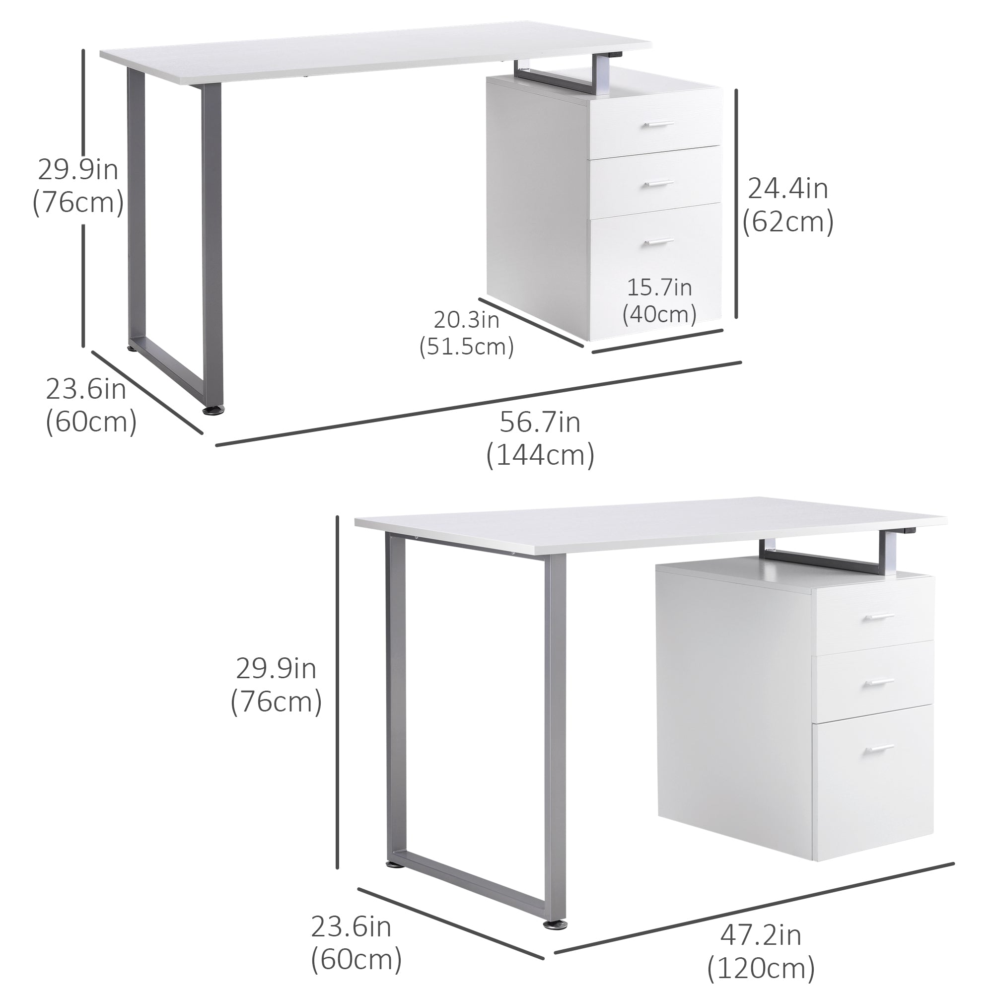 HOMCOM 47" White Computer Desk - Versatile Writing Table Workstation with Reversible File Drawers & Metal Frame