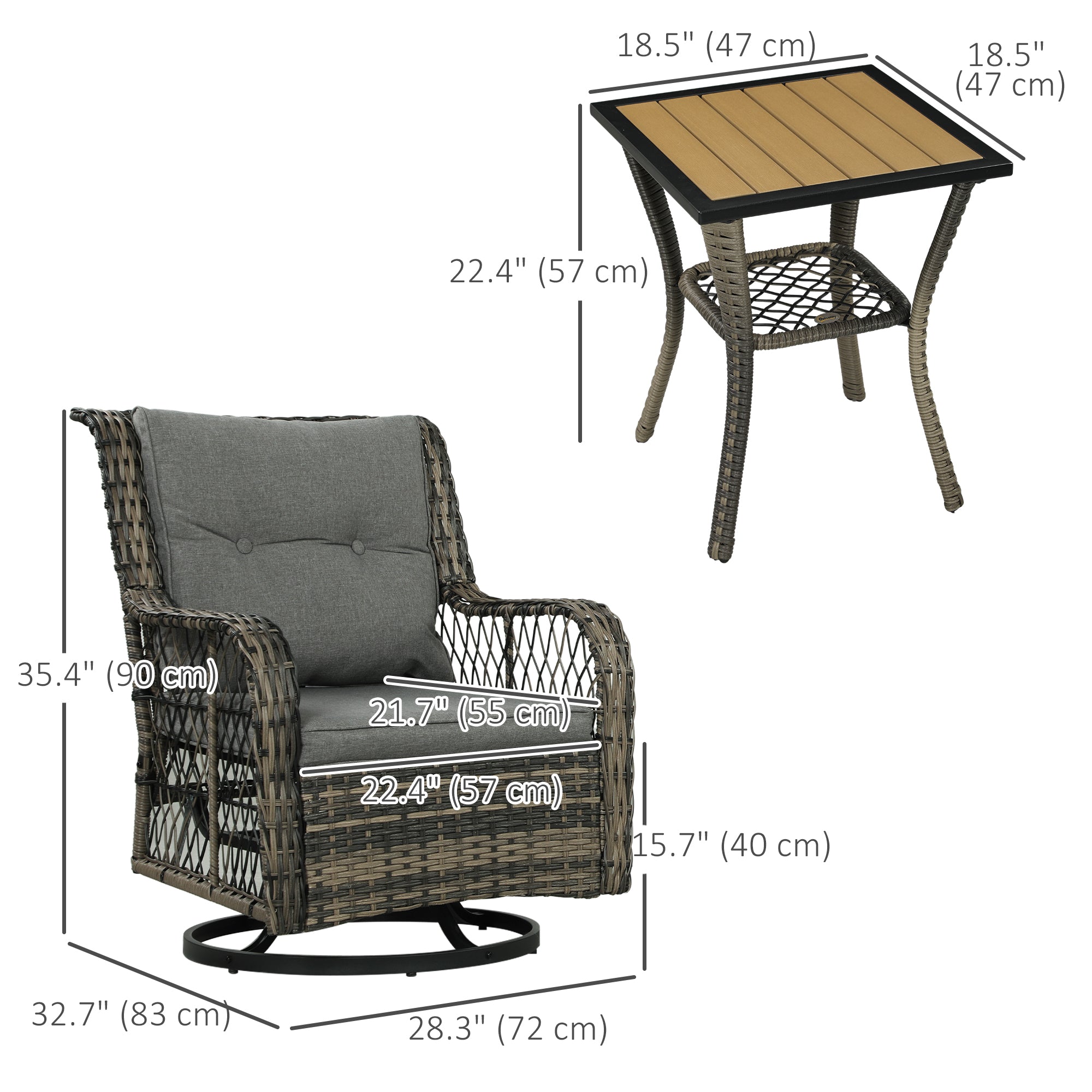 Outsunny 3 Piece Outdoor Bistro Set, Wicker Patio Furniture Set with Swivel Glider Chairs for Balcony, Porch, Grey