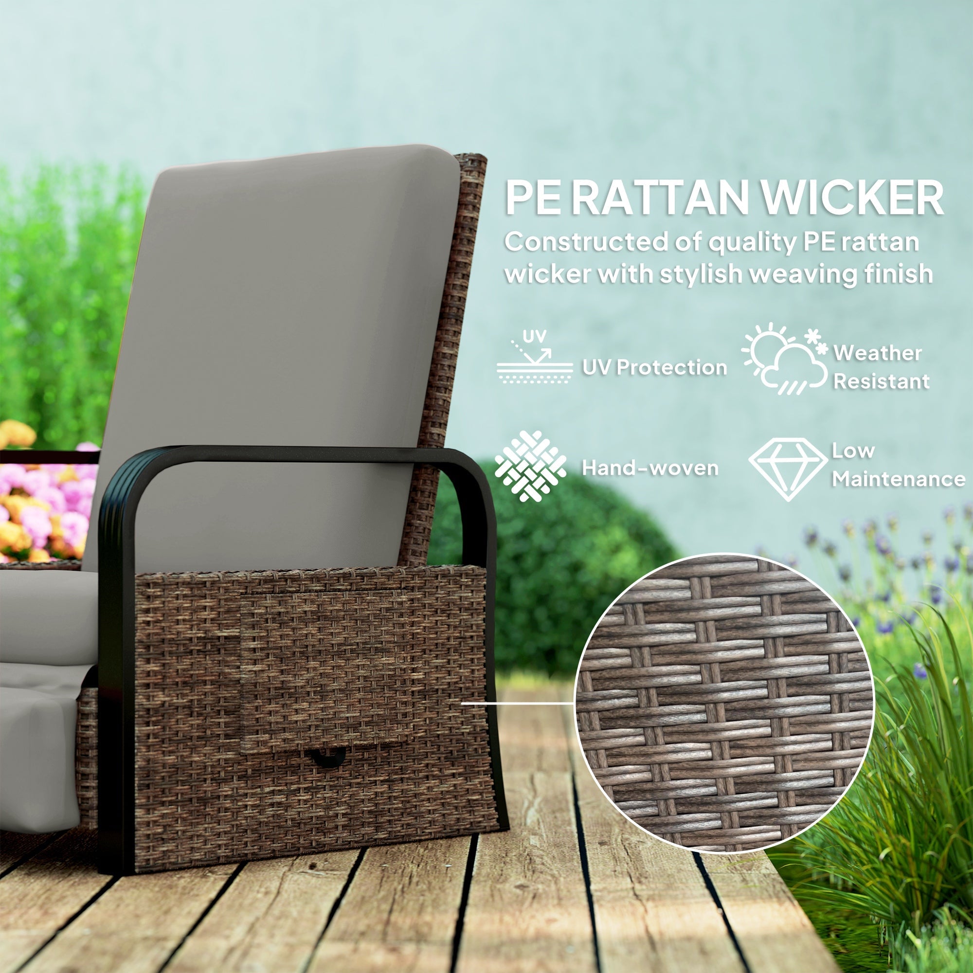 Outsunny Wicker Outdoor Recliner Chair, Reclining Lounge Chair with Adjustable Backrest, Footrest and Side Tray, Light Grey