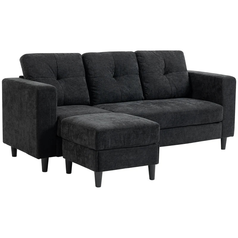 Sectional Sofa, L Shaped Corner Sofa with Changeable Chaise, High-density Foam Padding Seat, Linen Fabric, Wooden Legs, Black