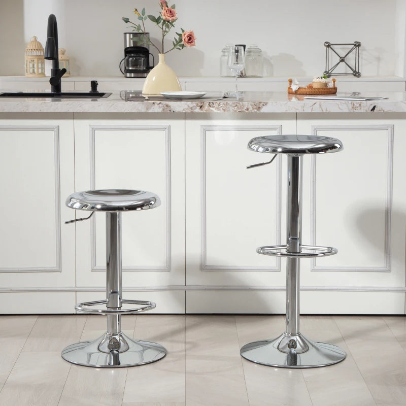 Steel Bar Stools Set of 2, Adjustable Counter Height Round Breakfast Barstools, Industrial Swivel Bar Chairs, Silver