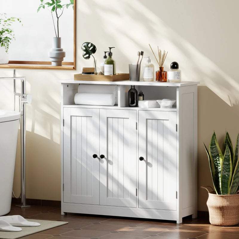 Bathroom Floor Cabinet, Freestanding Bathroom Storage Unit with 3 Doors, 2 Open Shelves and Adjustable Shelf, White