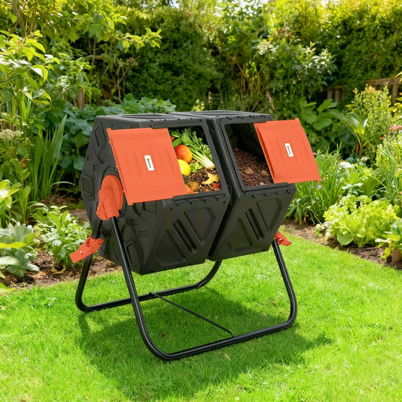 Rotating Composter, Dual Chamber Compost Bin with 24 Vents and Steel Legs, 34.5 Gallon, Orange