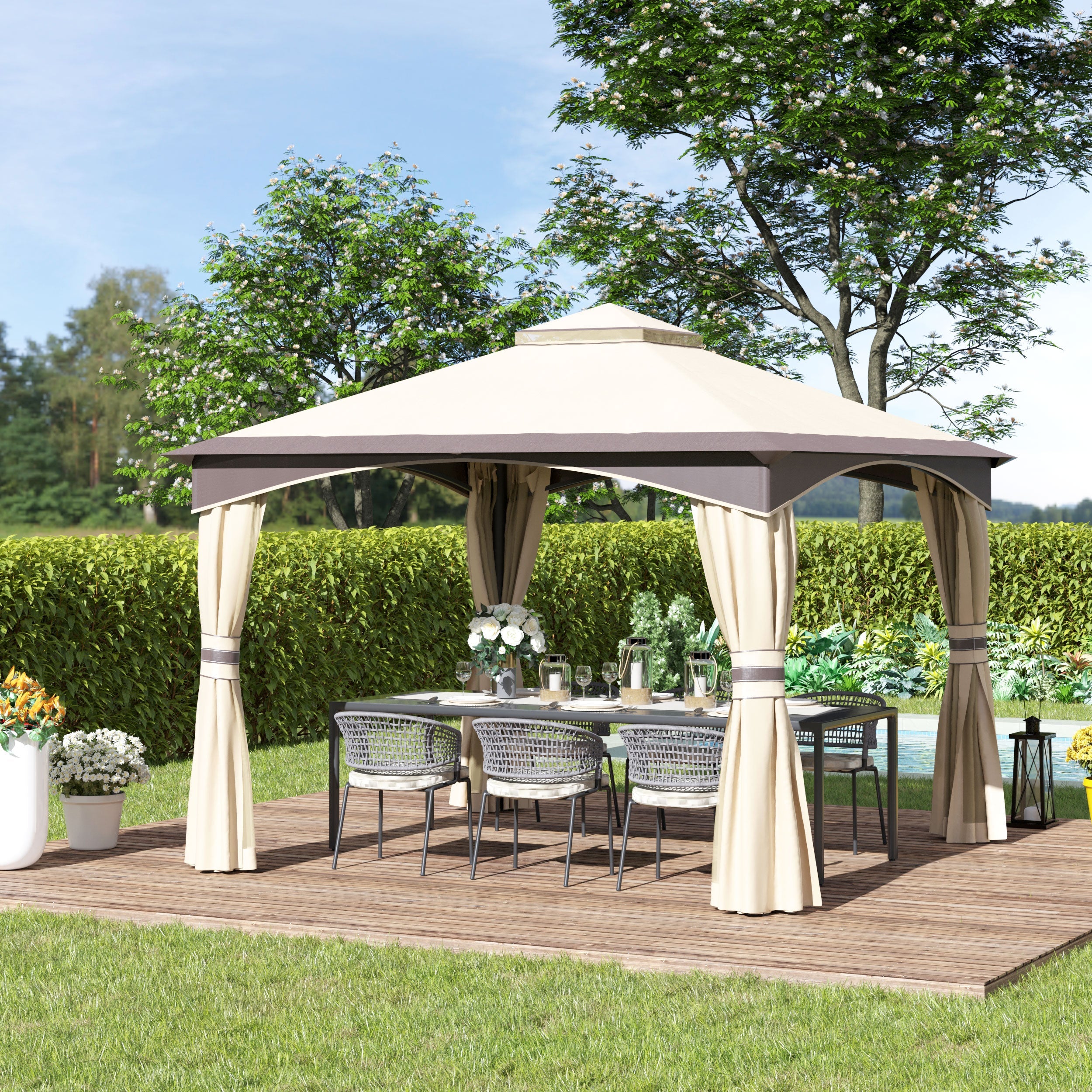 Outsunny 10' x 10' Soft Top Gazebo Canopy Tent w/ Double Roof, Eaves Design and Mesh Netting Sidewall Outdoor Patio Large Garden