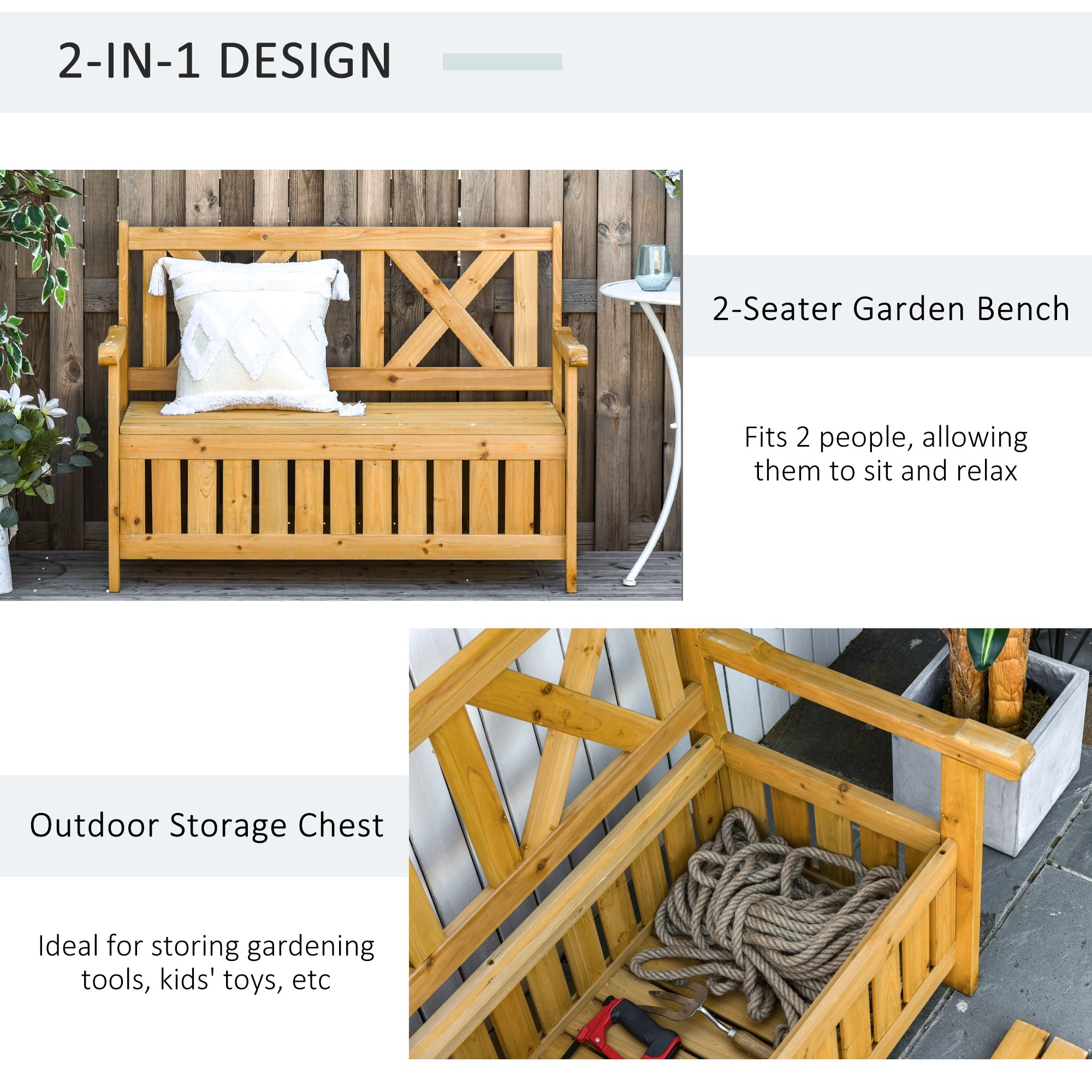 Outsunny Wooden Outdoor Storage Bench 2-Person Patio Bench with Louvered Side Panels and X-Shape Back for Garden, Patio, Natural