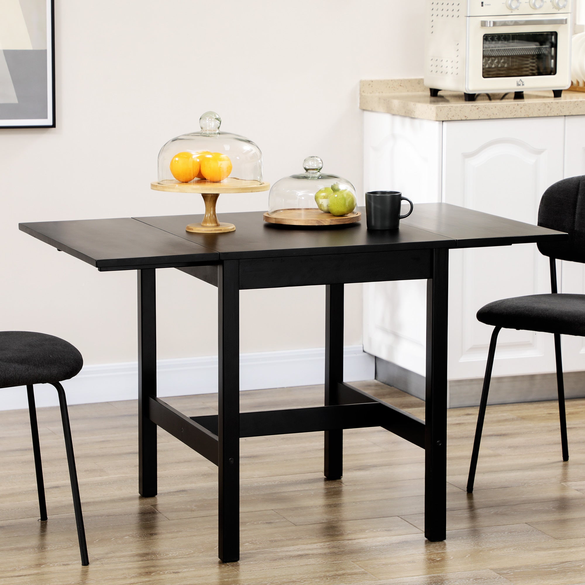 HOMCOM Compact Foldable Solid Wood Dining Table Drop Leaf Design for Small Spaces Kitchen Dining Room Black