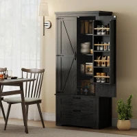 Farmhouse Kitchen Pantry Storage Cabinet, 64" Freestanding Kitchen Pantry Cabinet with Drawers, Distressed Black