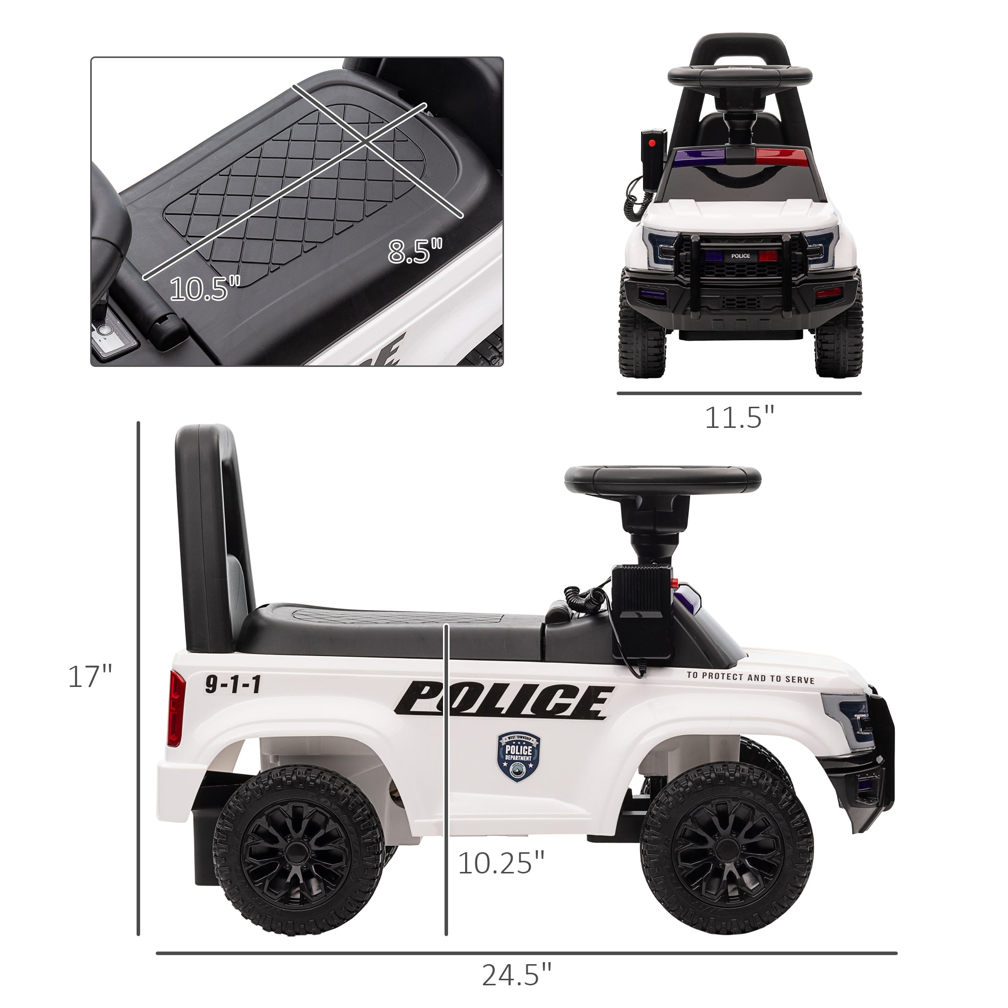 Aosom Kids Ride On Police Car Sliding Toy with Storage Megaphone Anti-Tip Device White