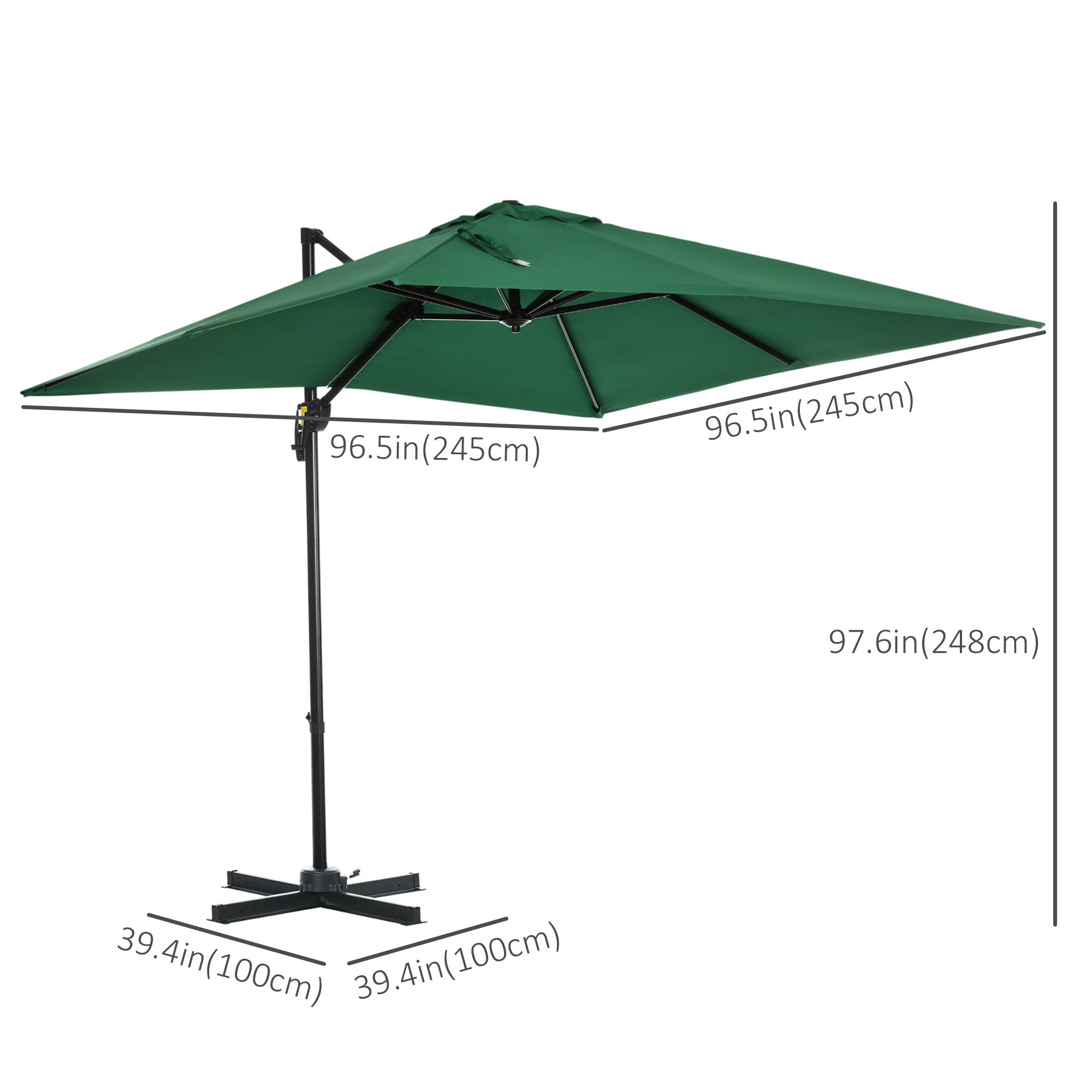 Outsunny Square Hanging Offset Patio Umbrella: 8'x8' Aluminum Cantilever Crank Parasol with 360° Rotation & Cross Base, Green