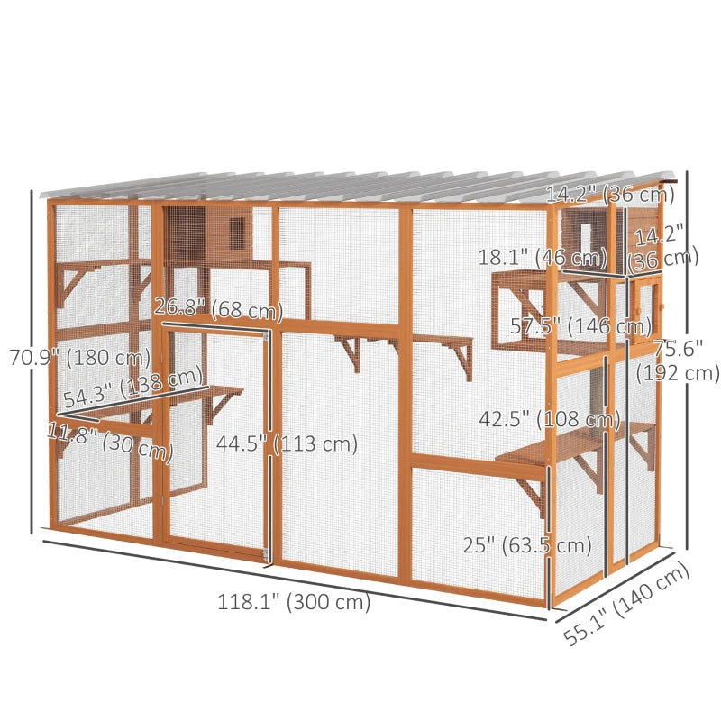 Cat Catio, Large Outdoor Cat Enclosure with 2 Condos, Jumping Platforms, Waterproof Roof, Orange