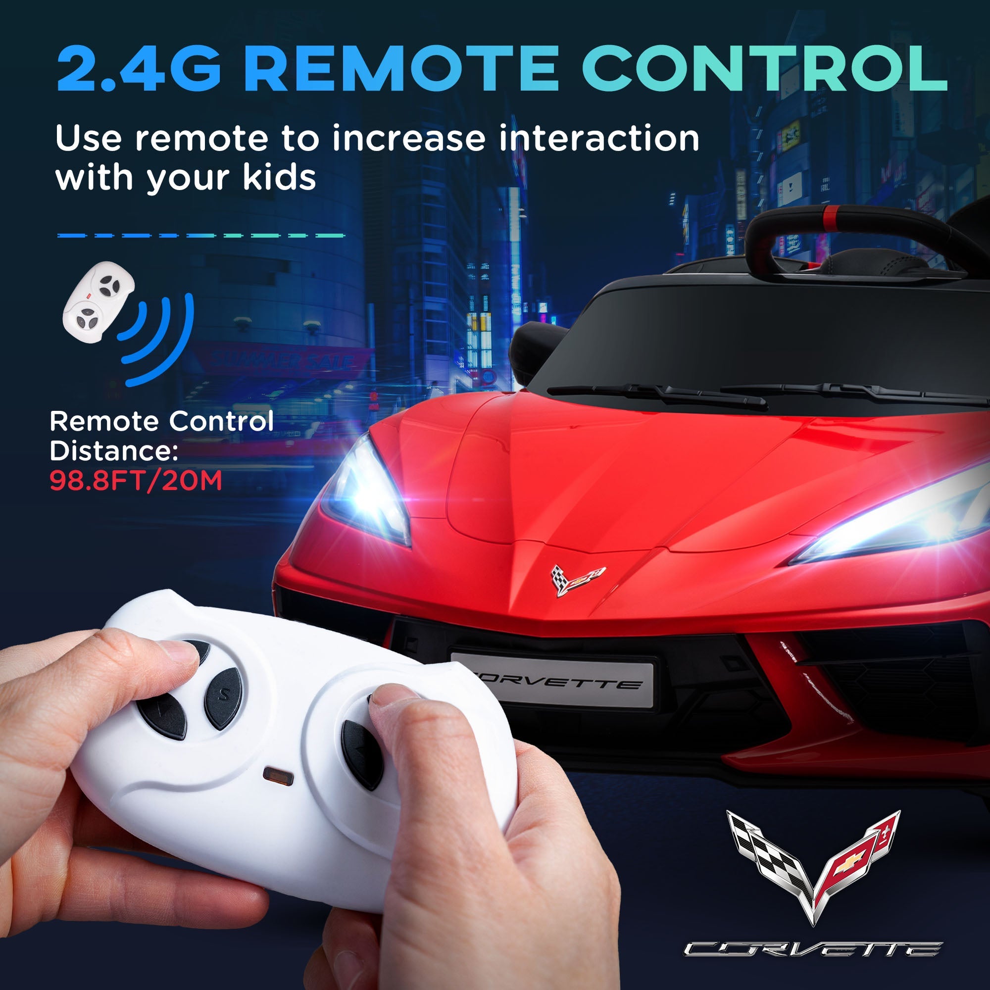 Qaba 12V Kids Electric Car Corvette Licensed Remote Control Suspension Music Headlight Slow Start Red Ride On Vehicle