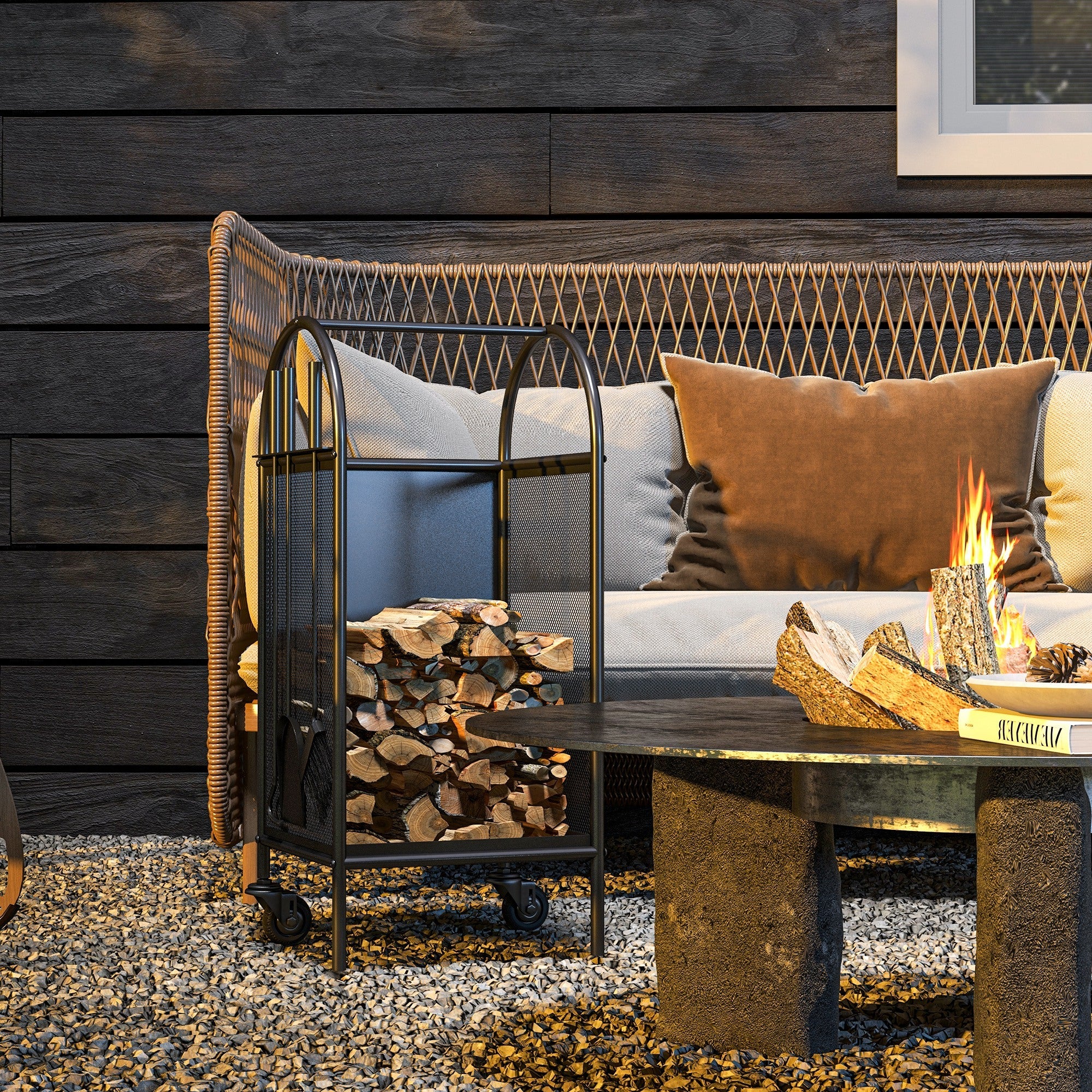 Outsunny 15" Outdoor Firewood Rack with Wheels and Tools, Heavy Duty Wood Storage Stacker, Indoor Outdoor Log Rack, Black