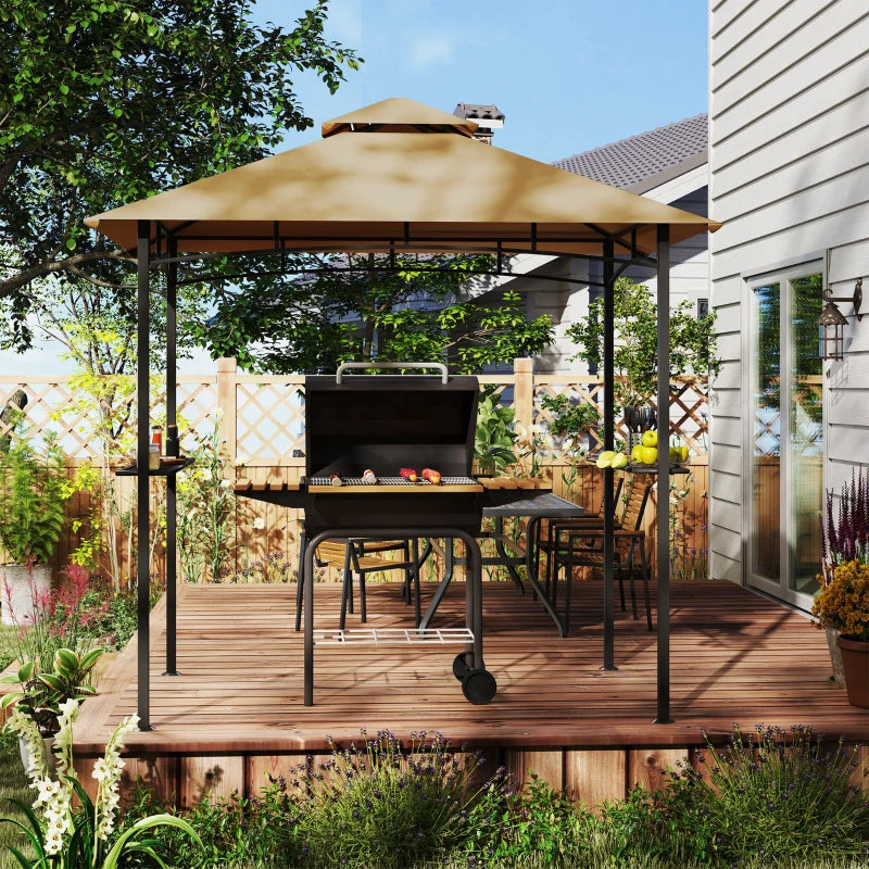 8' x 5' BBQ Grill Gazebo Tent with Double Tiered Canopy for Outdoor Sun Shade, Khaki