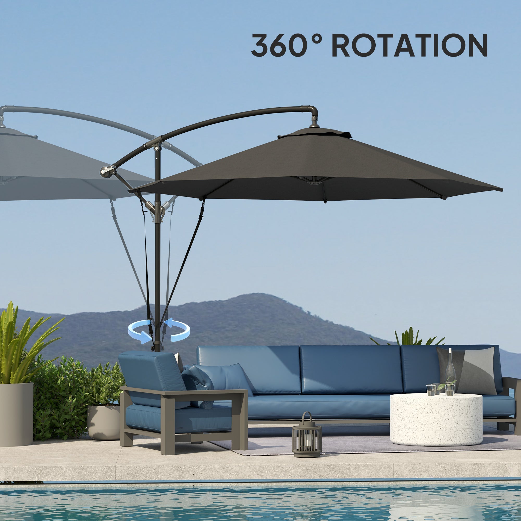 Outsunny 9.5' Cantilever Umbrella with Wind Protection Strap and Cover, Hanging Umbrella with Crank and Cross Base, UPF 50+, Grey
