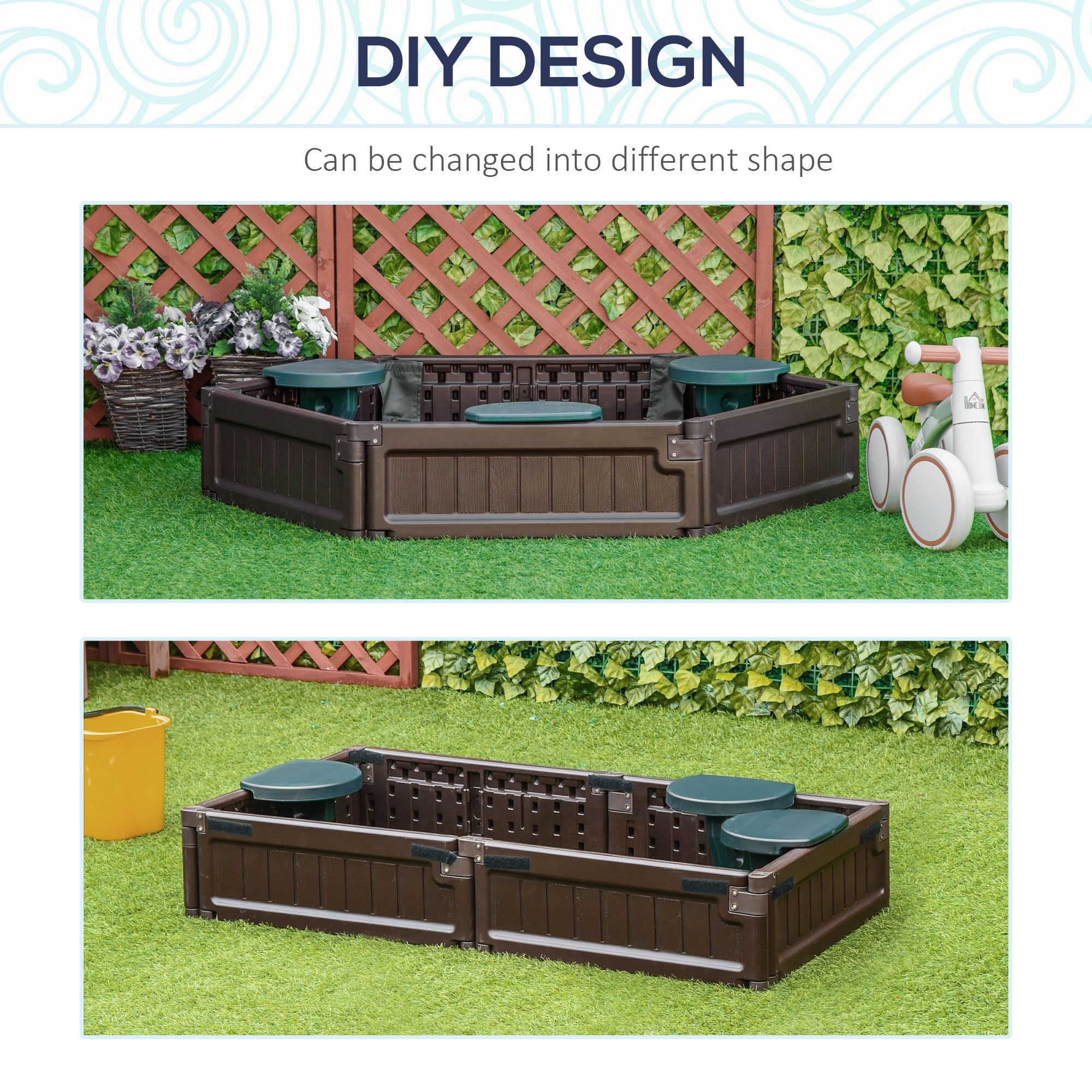 Outsunny Sandbox for Kids with Cover DIY Sandpit Outdoor Play 3 Seats Bottom Liner Backyard