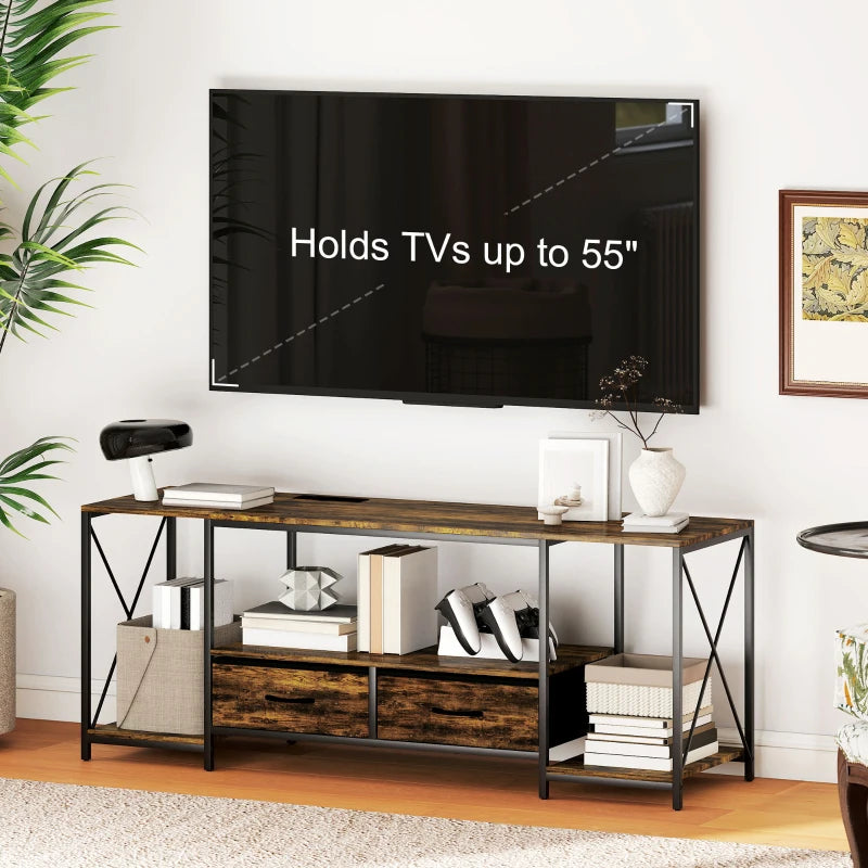 Industrial TV Stand for up to 55 Inch TV, TV Console with Charging Station and RGB LED Lights, Rustic Brown