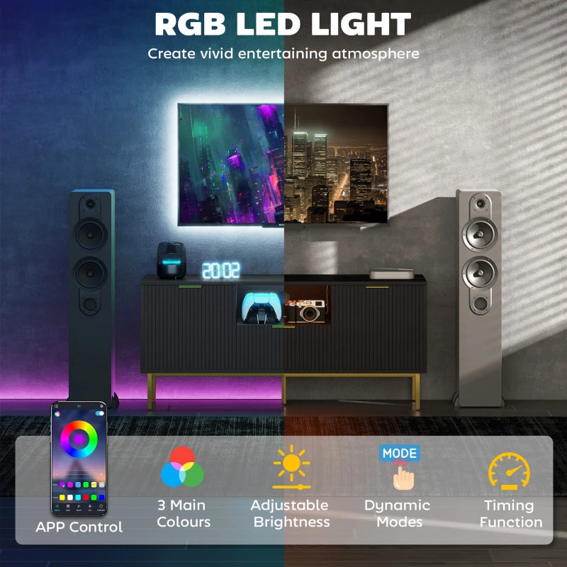 Modern TV Console for TVs up to 50 Inch, Entertainment Center with Smart RGB LED Lights and Soft Close Doors, Black