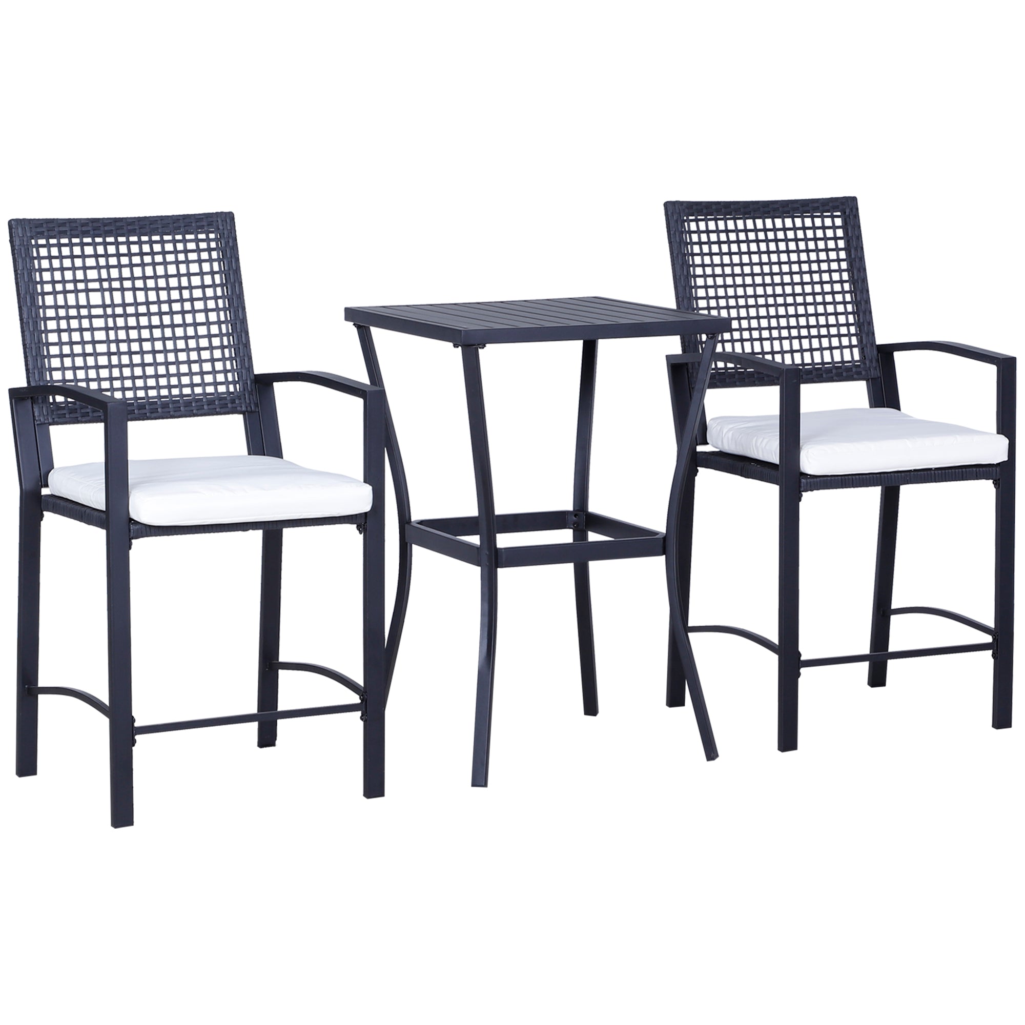 Outsunny Outdoor Wicker Bar Set 3PC Classic Bistro Bar Set Garden Rattan Style Patio Bar Table High Chairs Cream White