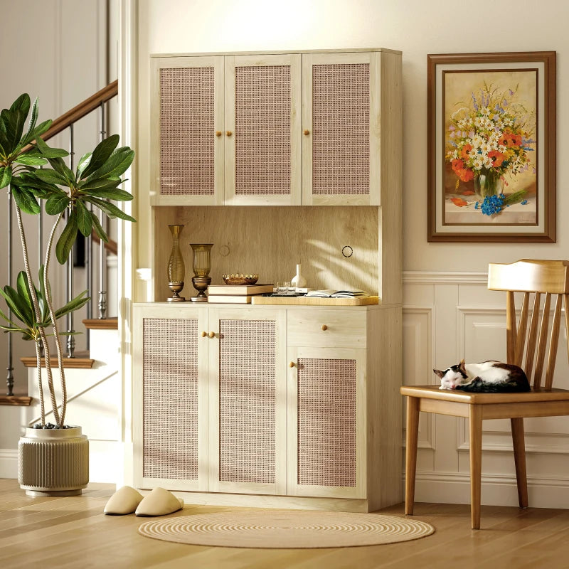 Kitchen Hutch with Microwave Countertop, 71" Boho Kitchen Pantry Cabinet with Decorative Rattan Doors, Natural