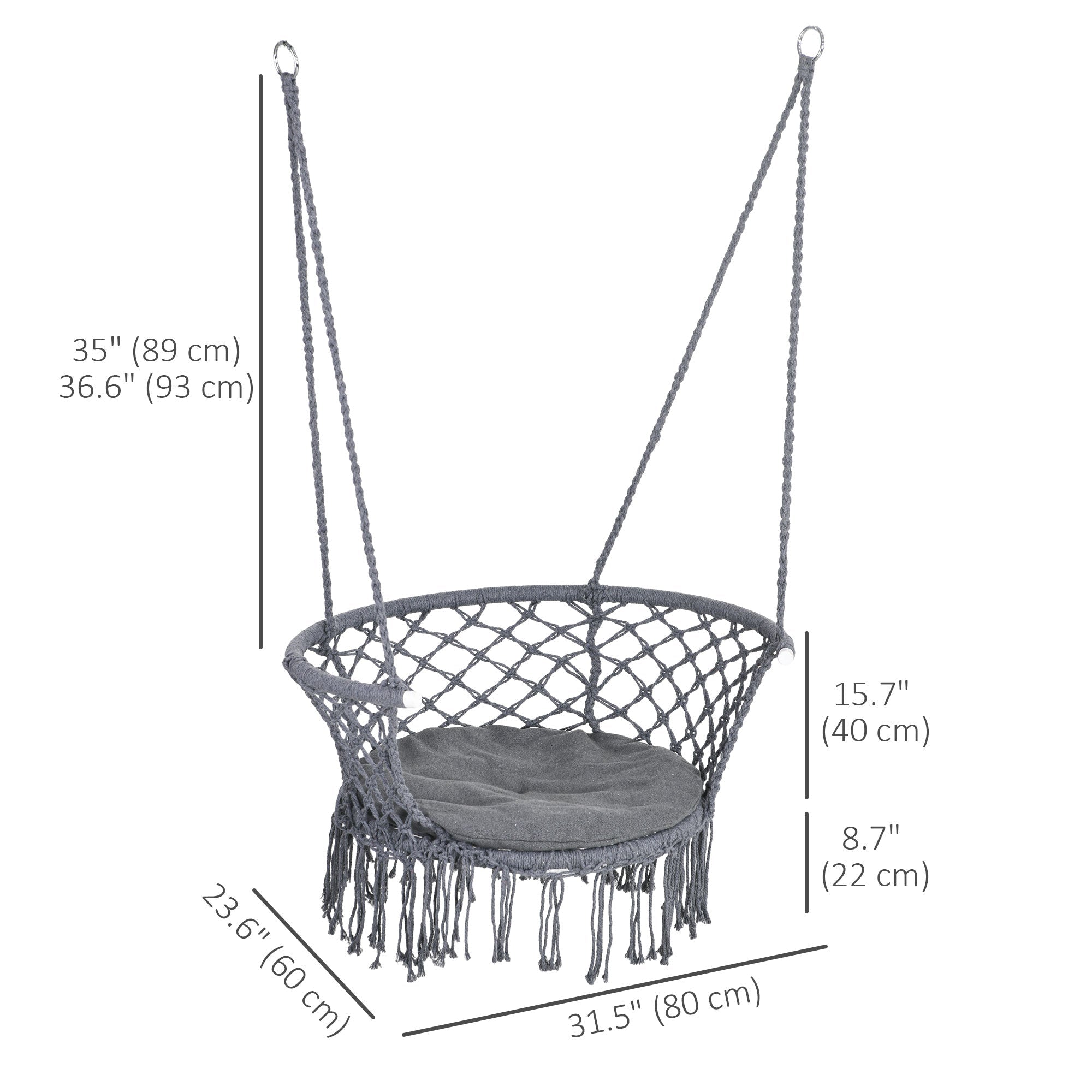 Outsunny Cotton Rope Hanging Hammock Chair Porch Swing with Metal Frame and Cushion Comfortable Dark Grey