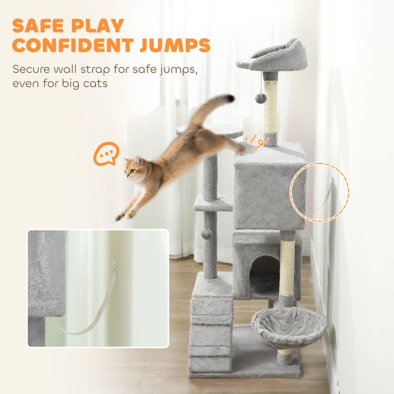 63 Inch Cat Tree with Sisal Scratching Posts, Condos, Plush Perches, Hammock, Ladder, Dangling Balls, Light Grey