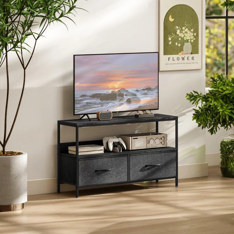 TV Stand with Charging Station, TV Table with 2 Foldable Linen Drawers and Open Shelf for 47 Inch Television, Black
