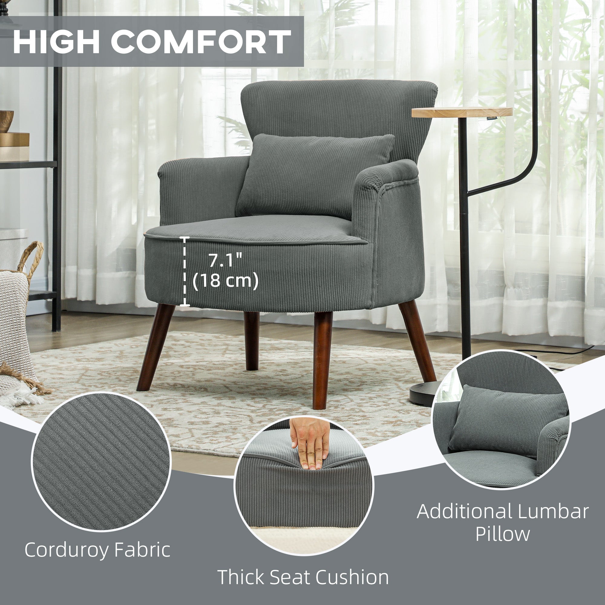 HOMCOM Modern Accent Chair, Upholstered Armchair with Solid Wood Legs and Lumbar Pillow for Living Room, Grey