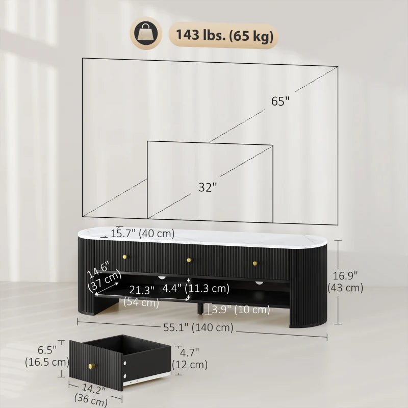 TV Stand, Modern TV Table with Marble-Effect Top, 3 Drawers and 2 Open Shelves for 32-65 Inch Television, Black
