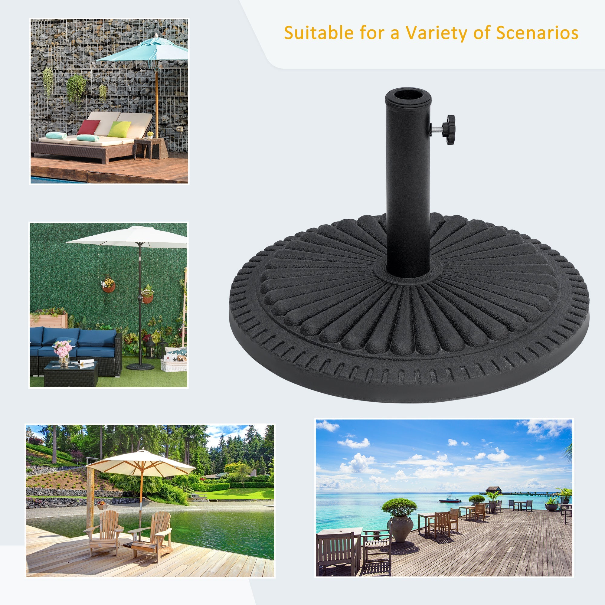 Outsunny Umbrella Base: Round Cement Parasol Stand Fits Φ1.4" Φ1.5" Φ2" Pole for Outdoor Backyard Black