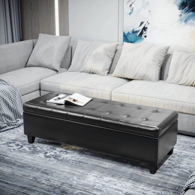 Storage Ottoman Bench, Foot Rest with Solid Wood Legs, 51 Inches PU Leather Storage Chest for Living Room, Black