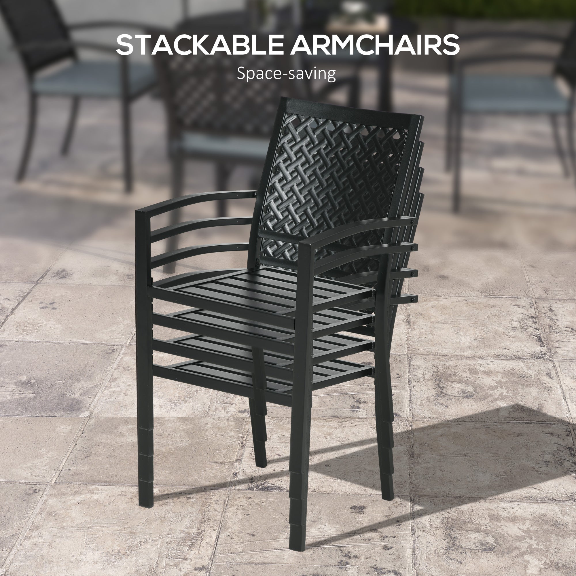 Outsunny 5-Piece Outdoor Dining Set with 4 Stackable Cushioned Armchairs,Umbrella Hole Metal Plate Table, for Deck Grey