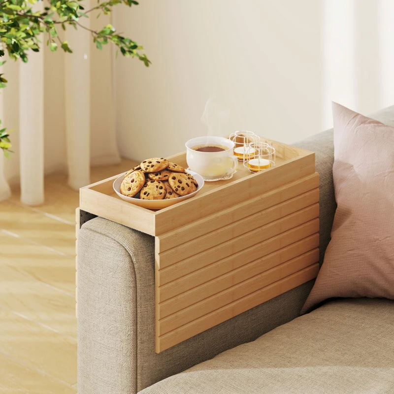 Bamboo Couch Arm Tray, Sofa Armrest Tray with Flexible Roll-up Design and Wide Compartment, Natural