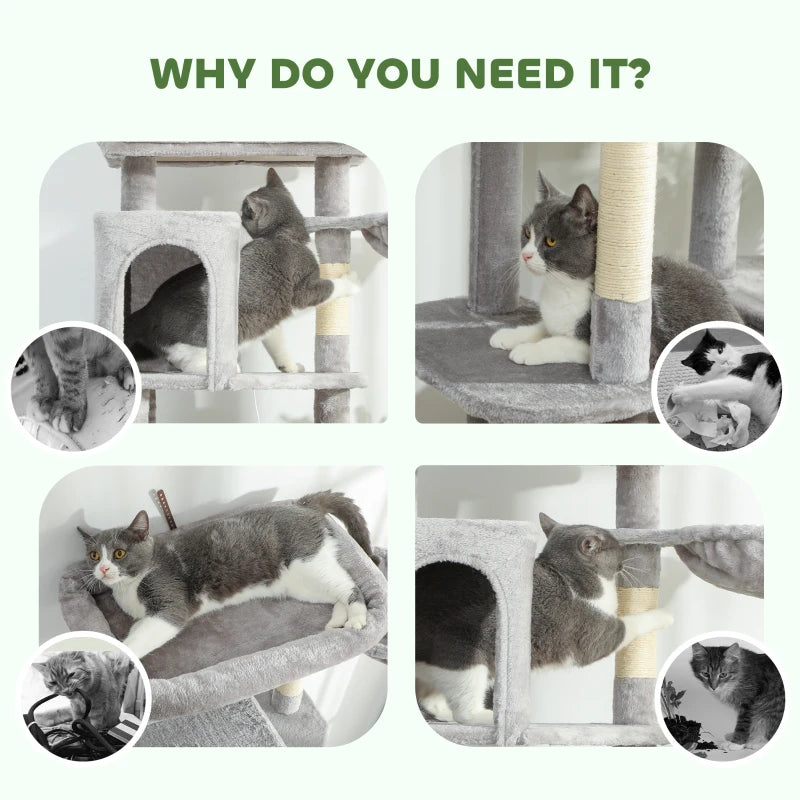 69" Cat Tree, Multi-Level Cat Tower with 2 Condos, Plush Perch and Sisal Scratching Posts, Light Grey